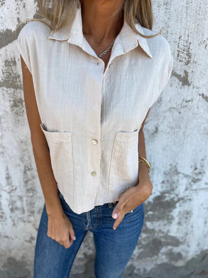 Women's Sleeveless Top – Relaxed Fit – Button Closure – Natural Fibers – With Collar