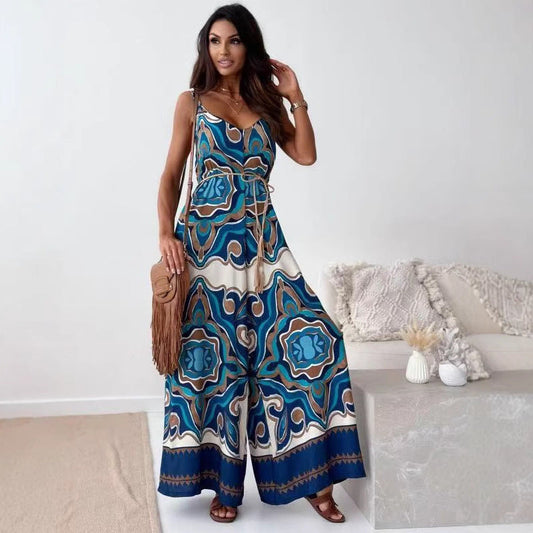 Women's Jumpsuit – V-neck – Spaghetti Straps – Wide Legs – Belt – Light and Airy