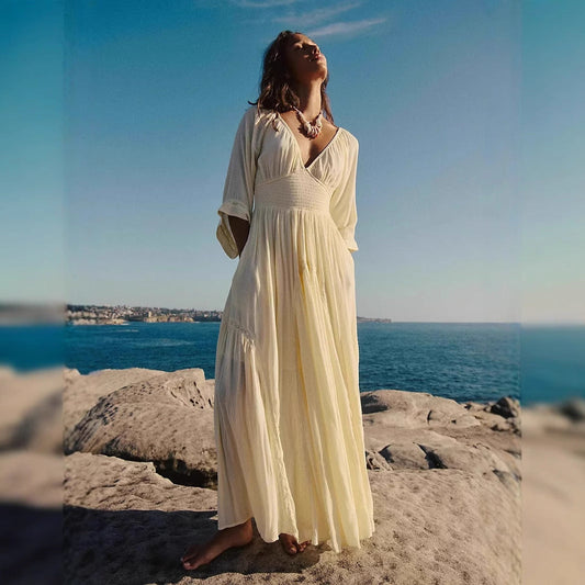 Women's Maxi Dress – Cotton Blend – V-Neck – Empire Waist – Loose Fit