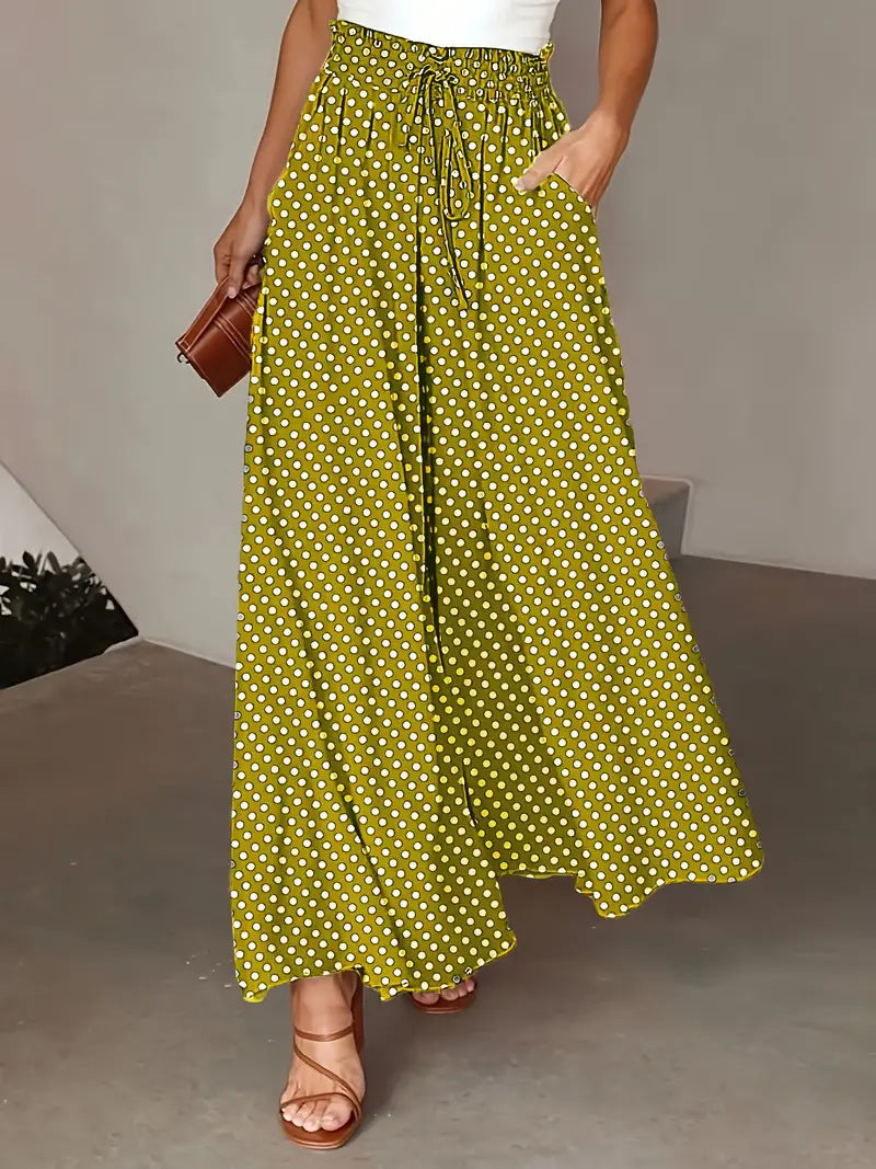 Women's Trousers with Wide Legs – Breathable Fit – Polka Dot Pattern – Drawstring Waist – Casual Style