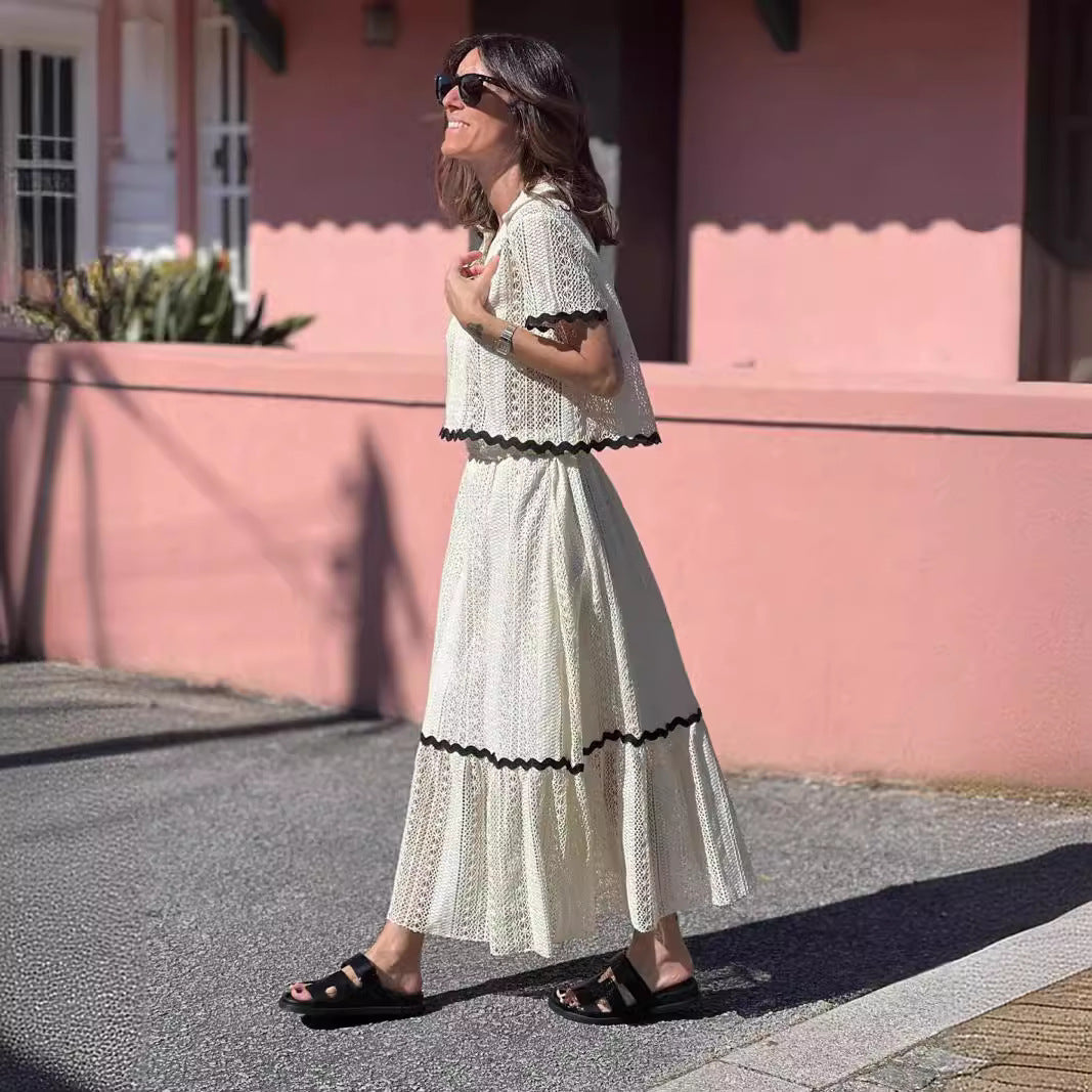 Women's Skirt Set – Cotton Blend – Relaxed Fit – Short Sleeves – A-line Maxi Skirt