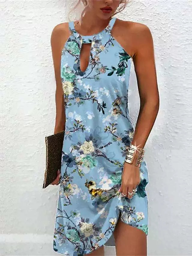 Women’s Sleeveless Mini Dress – Halter Neck – Relaxed Fit – Printed Summer Style