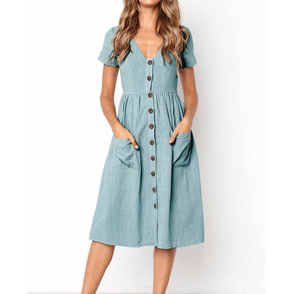 Dress for Women – A-line Cut – Button Closure – Short Sleeve – Light and Breathable – Midi Length