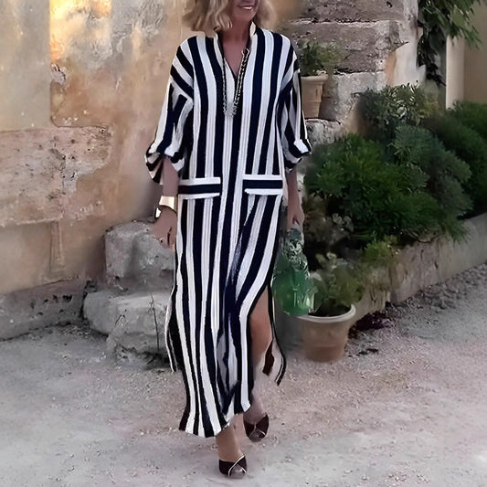 Women's Maxi Dress – Loose Fit – V-Neck – Vertical Stripes – Light and Breathable
