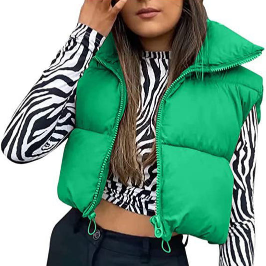 Women’s Puffer Vest - Woven Fabric - Quilted Design - High Stand Collar - Adjustable Hem