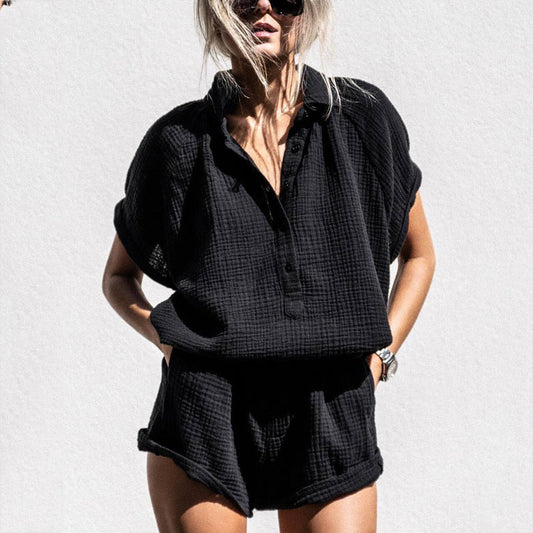 Women's Lounge Set – Cotton – Relaxed Fit – V-neck Top with Buttons – Elastic Shorts