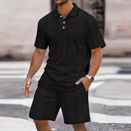 Men's Set with Shirt and Bermuda Shorts – Relaxed Fit – Light Knitted Fabric – Button Closure