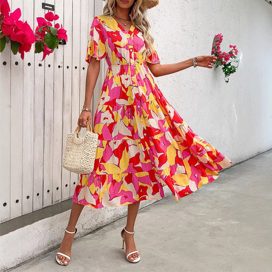 Women's Dress A-line – Lightweight Material – Ruched Sleeves – Button Closure – Abstract Print – Midi Length