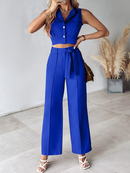 Women's Jumpsuit – Sleeveless Crop Top – High Waist Belted Pants – Soft Woven Design