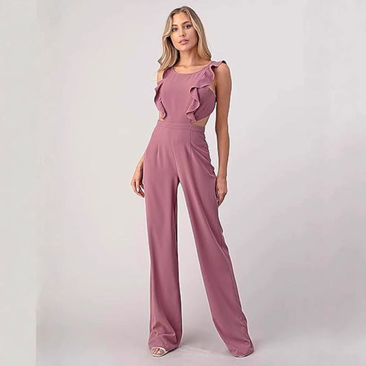 Women's Jumpsuit – Sleeveless – High Waist – Wide Legs – Ruffle Details – Cut-Out Waist