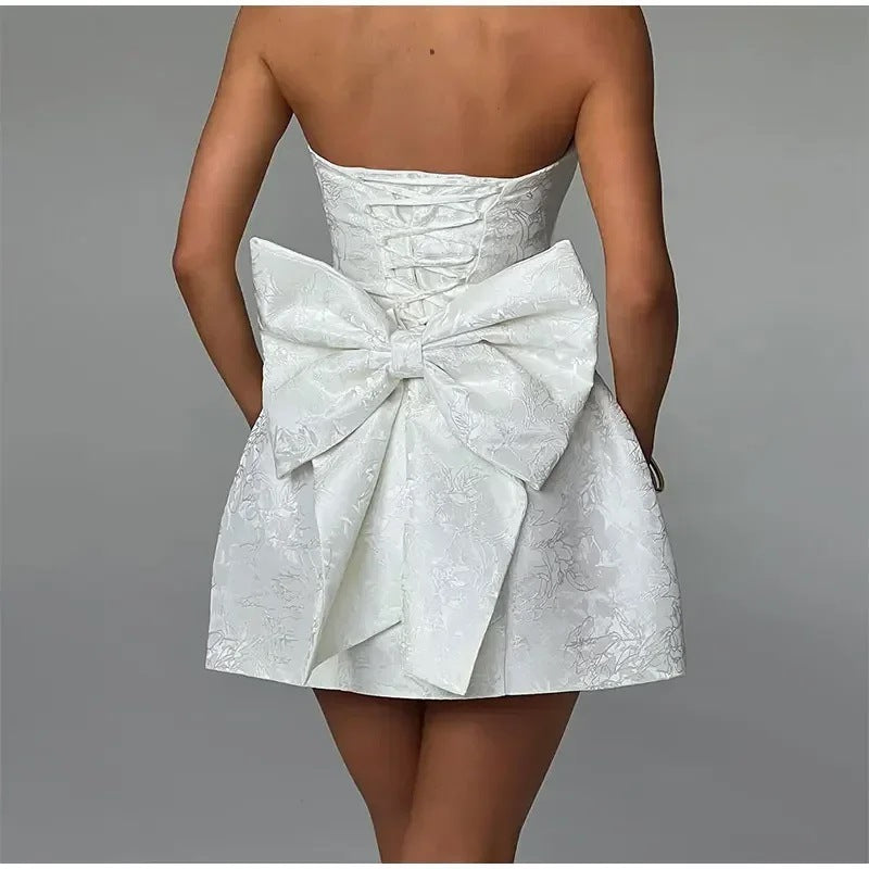 Women's Mini Dress – Jacquard Texture – Strapless Sweetheart Neckline – Bow Detail at the Back