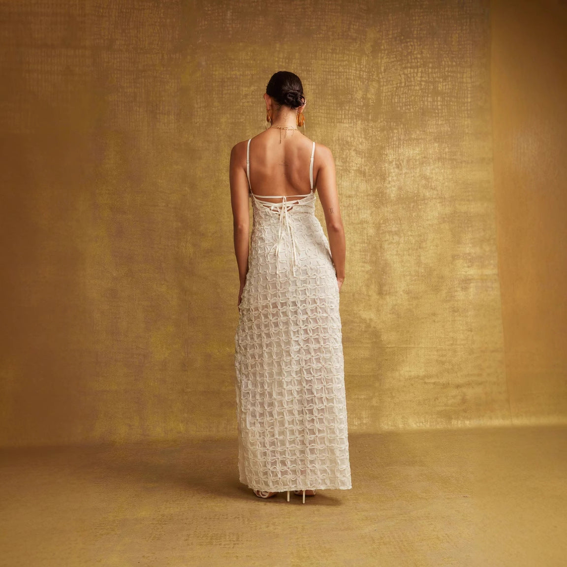 Dress for Women – Slim Fit – Deep V-Neck – Side Slit – Spaghetti Straps – Textured Luxury Design