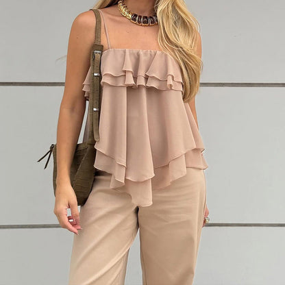 Women's Sleeveless Top – Loose Fit – Layered Ruffles – Light and Airy Quality