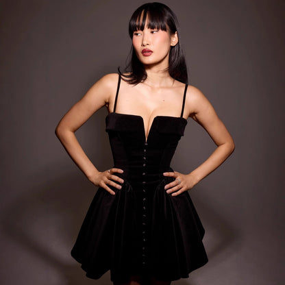 Dress for Women – Mini A-line Fit – Velour – Deep V-neck – Thin Straps – Button Details