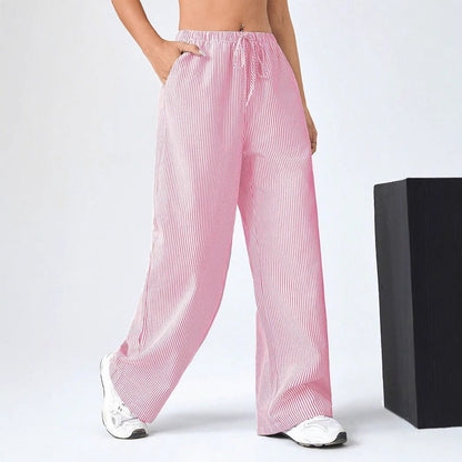 Women's Pants – Straight Leg – Relaxed Fit – Drawstring Waist – Striped – Breathable Mix
