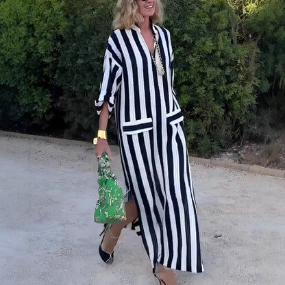 Women's Maxi Dress – Loose Fit – V-Neck – Vertical Stripes – Light and Breathable