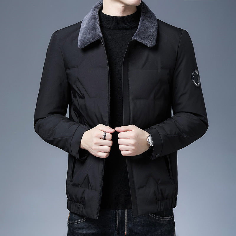Men's Puffer Jacket – Slim Fit – Short Length – Detachable Fur Collar – Warm and Water-Repellent