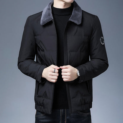 Men's Puffer Jacket – Slim Fit – Short Length – Detachable Fur Collar – Warm and Water-Repellent