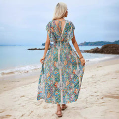 Women's Maxi Dress – Bohemian Print – Loose Fit – V-Neck – Wide Sleeves – Lightweight Material