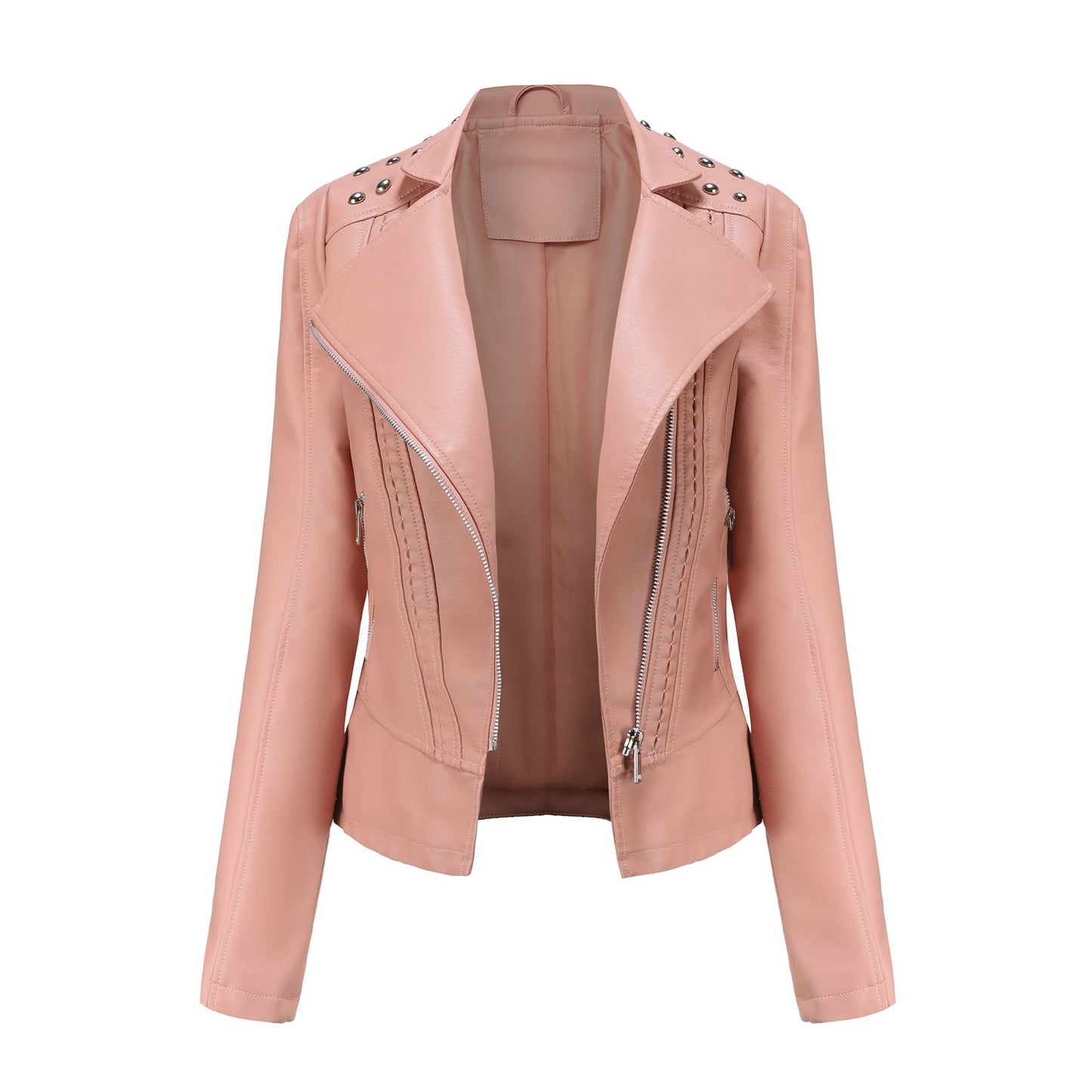 Women's Biker Jacket - Studded Shoulder - Zip Front Moto Style