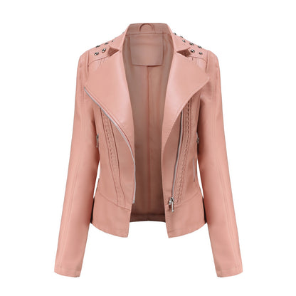 Women's Biker Jacket - Studded Shoulder - Zip Front Moto Style