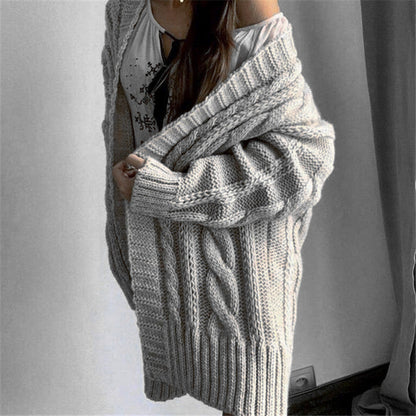 Women's Knit Sweater – Oversized Fit – Wool Blend – Cable Knit – V-Neck – Long Sleeves
