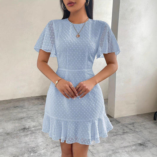 Dress for Women – A-line Fit – Mini Length – Jacquard Pattern – Short Ruffle Sleeves