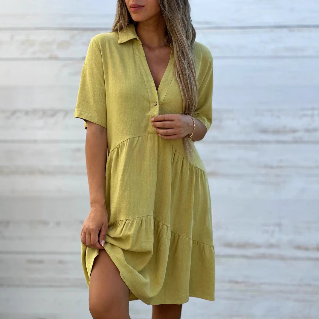 Women's Swing Dress – Natural Fibers – Relaxed Fit – Short Sleeve – Button Closure