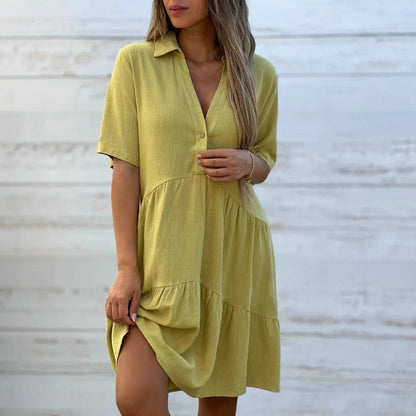 Women's Swing Dress – Natural Fibers – Relaxed Fit – Short Sleeve – Button Closure
