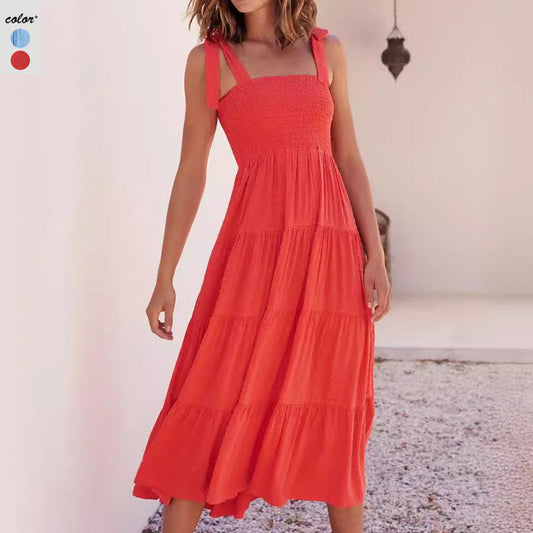 Women's Midi Dress – Smocked Bodice – Adjustable Straps – Lightly Layered Skirt