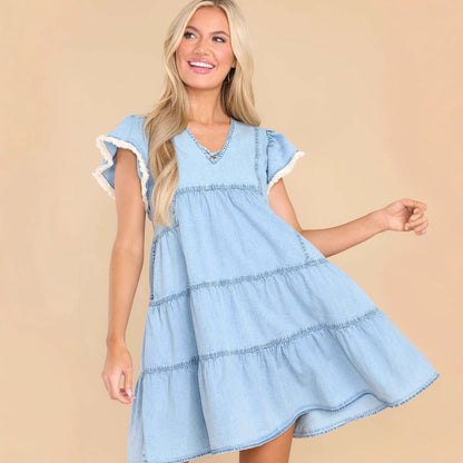 Women's Dress – A-line Mini Dress – Relaxed Fit – Denim – Short Sleeves with Ruffle Details