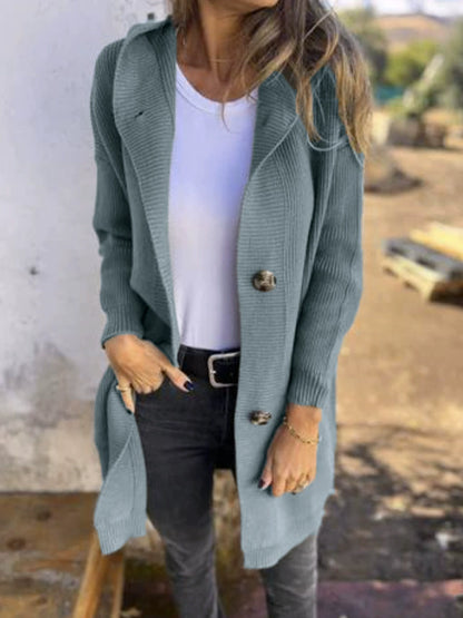 Women's Cardigan - Long Open Front - Ribbed Knit - Button Closure & Front Pockets