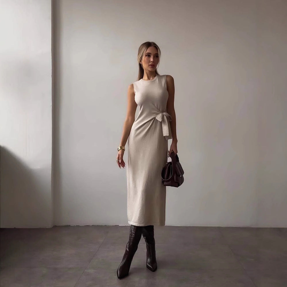 Dress for Women – Slim Fit Midi – Sleeveless – Bow Detail – Stretchable Fabric