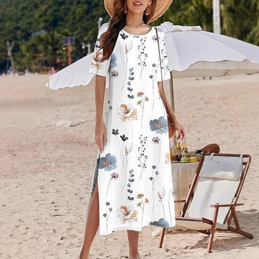 Women's Maxi Dress – Bohemian Floral Print – Loose Fit – Breathable Material – Side Slits