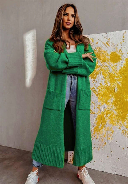 Women's Long Cardigan – Knit Fabric – Relaxed Fit – Open Front – Side Pockets