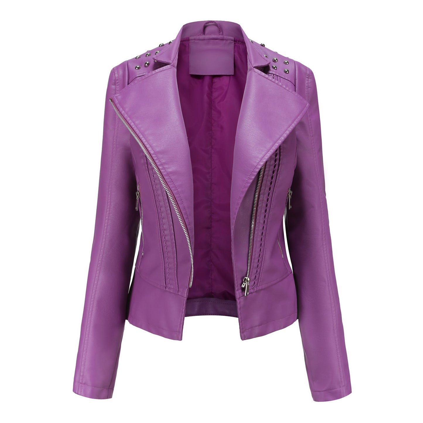 Women's Biker Jacket - Studded Shoulder - Zip Front Moto Style