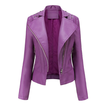 Women's Biker Jacket - Studded Shoulder - Zip Front Moto Style