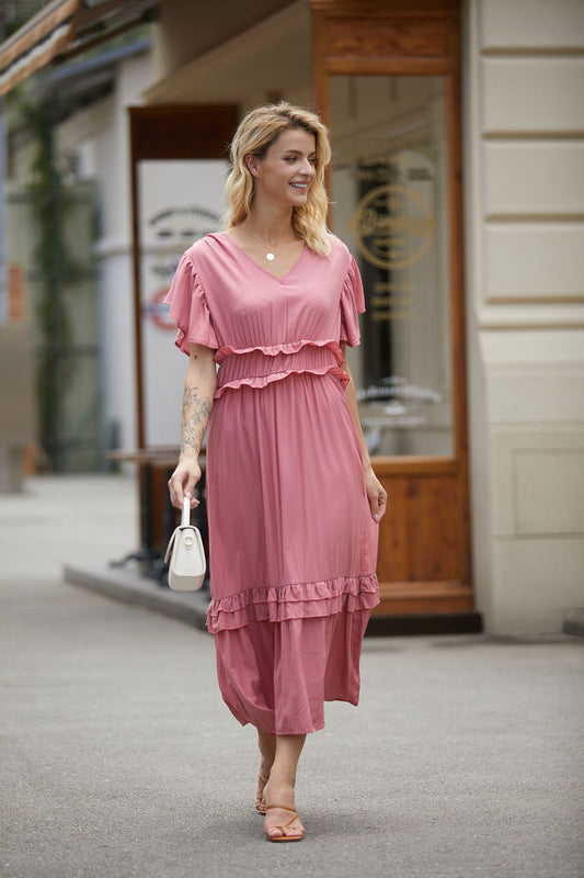 Women's Maxi Dress – Airy Fit – V-Neckline – Ruffle Sleeves – Gathered Layers
