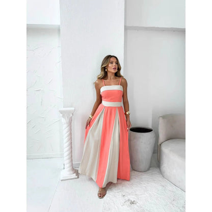 Dame Maxi Kjole – Høj Talje – Slankt Snit – Farveblok – Elegant Formelt Look