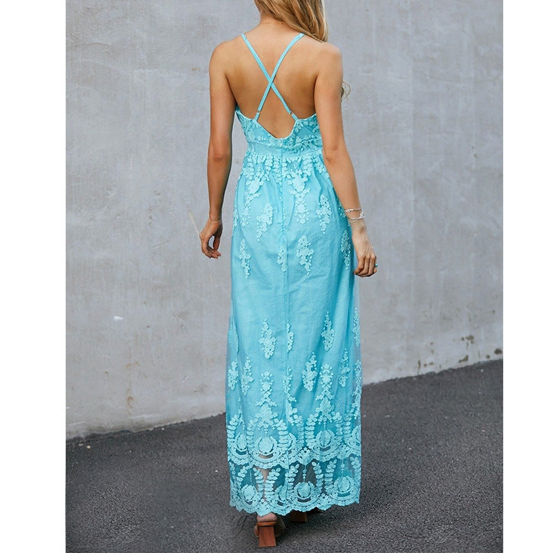 Maxi Dress for Women – Elegant Fit – Floral Embroidery – Sleeveless with Deep V-Neck