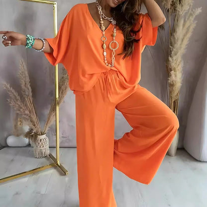 Women's Set – V-Neck Top and Wide Pants – Relaxed Fit – Breathable Fabric