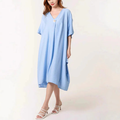 Women's Tunic Dress – Relaxed Fit – V-neck – Asymmetric Maxi – Breathable Material