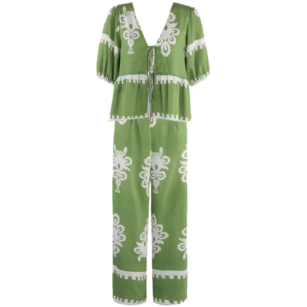 Women's Two-piece Set – Relaxed Fit – Bow-tie V-neck Top – Wide High-waisted Pants