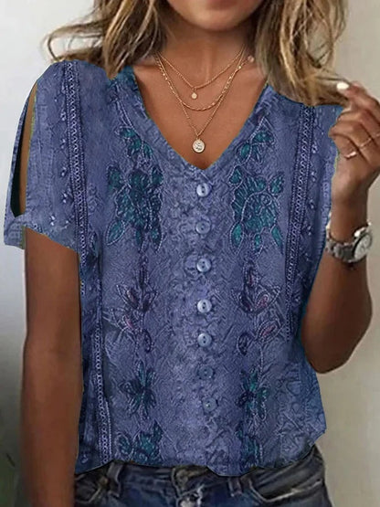 Women's Blouse – Relaxed Fit – V-Neck with Button Closure – Embroidered Boho Style – Light and Breathable