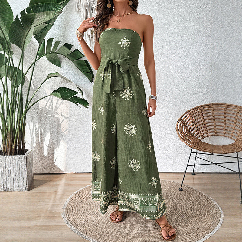 Women's Jumpsuit without Straps – Wide Leg – Embroidery – Cotton Linen Blend – Tie Belt