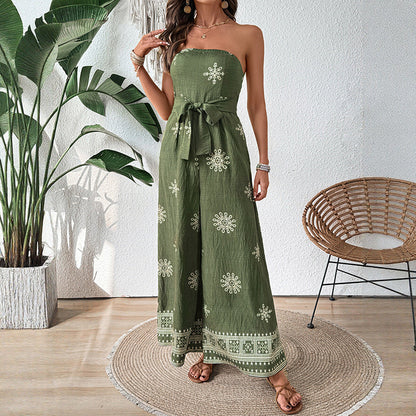 Women's Jumpsuit without Straps – Wide Leg – Embroidery – Cotton Linen Blend – Tie Belt