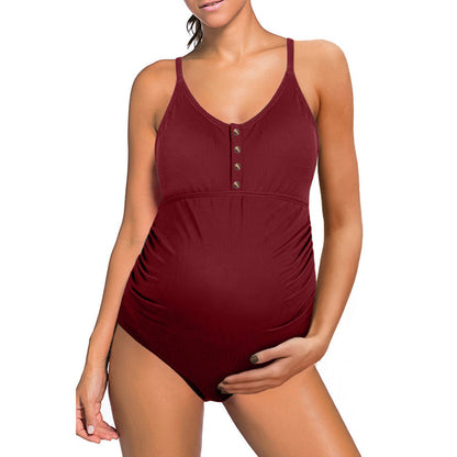 Maternity Swimsuit – Stretch Fit – Ribbed Texture – Button Detail – Full Coverage