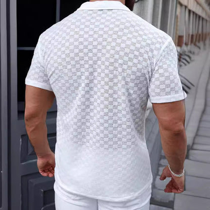 Men's Shirt in Knit – Relaxed Fit – Button Closure – Lace and Mesh Structure – Short Sleeves