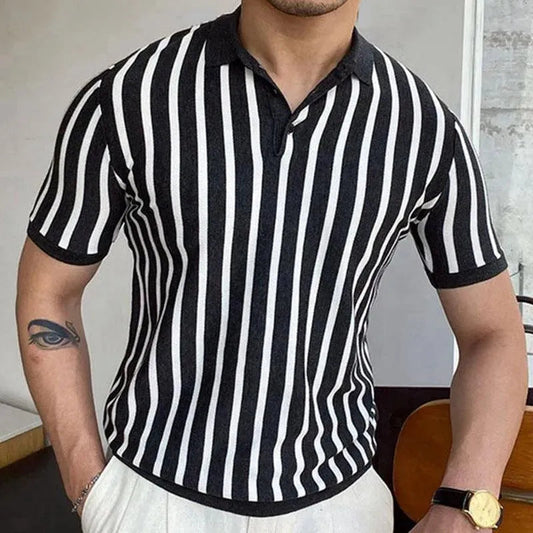 Men's Polo Shirt – Slim Fit – Vertical Stripes – Short-Sleeved – Breathable Stretch Fabric