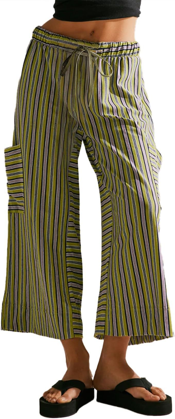 Women's Pants with Wide Legs – Relaxed Fit – Breathable Material – Striped Design